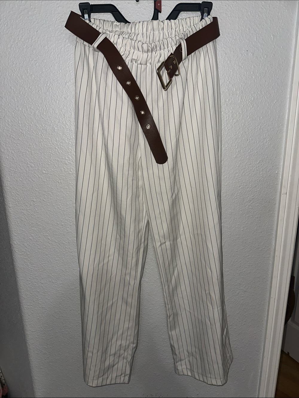 Women’s Cream Pinstripe Elastic-Waist Pants